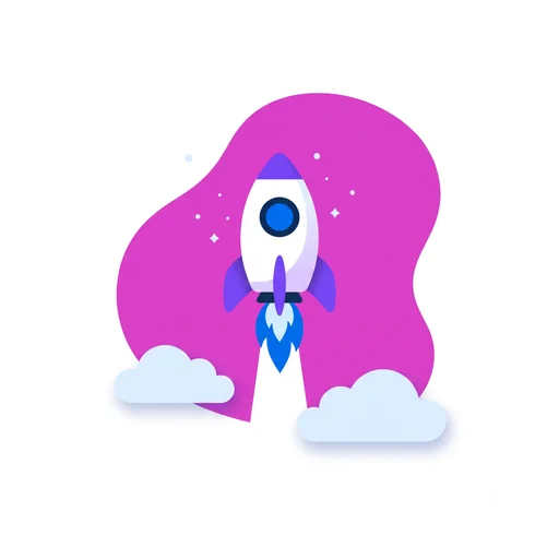 Illustration: a small rocket with a shield nose cone lifting off between soft clouds