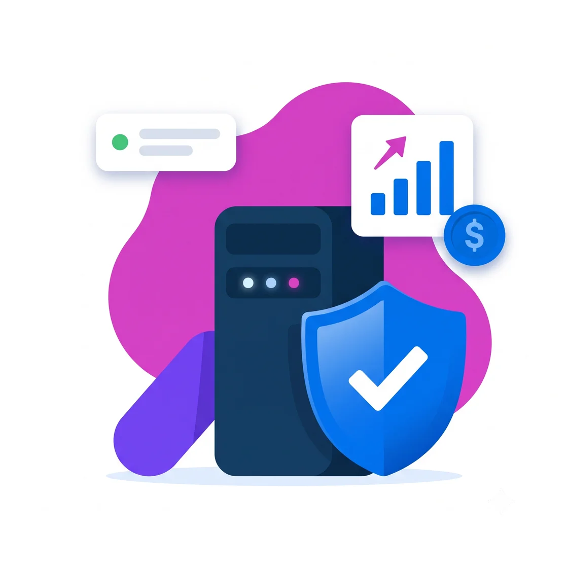 Illustration: a hosting server tower guarded by a large blue shield, with revenue and resolved-alert cards floating around it over a magenta backdrop