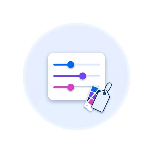 Illustration: a settings panel with sliders, a color swatch and a blank price tag