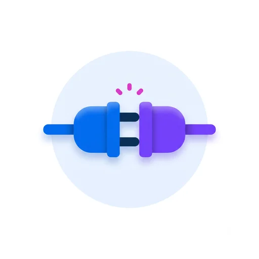 Illustration: a blue plug and a violet socket joining, with small spark dots